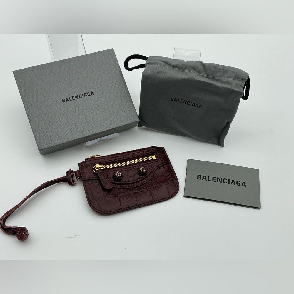 Balenciaga Croc-Embossed Card Pouch in Burgundy with Gold Hardware